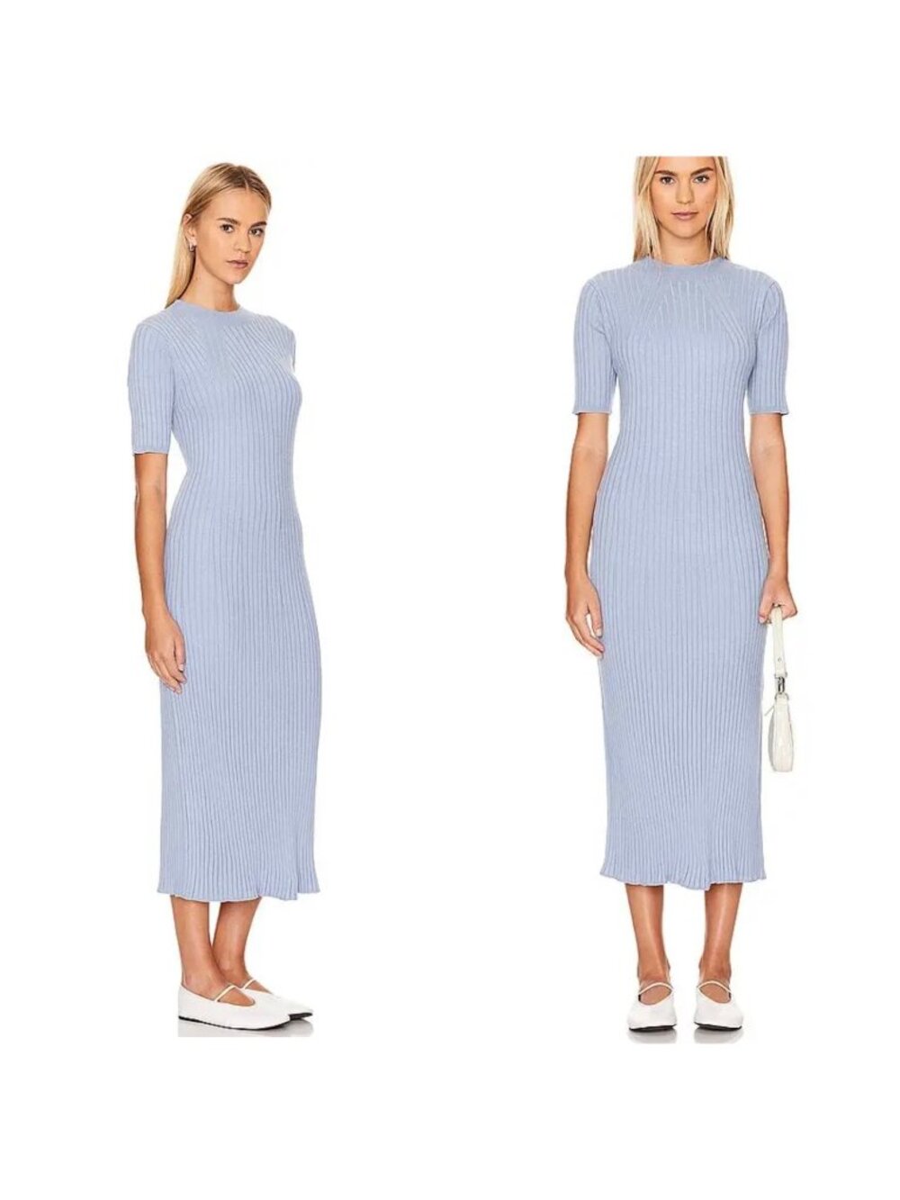 Varley Maeve Knit Midi Dress Womens Small Blue Ribbed Crew Neck Classic Preppy